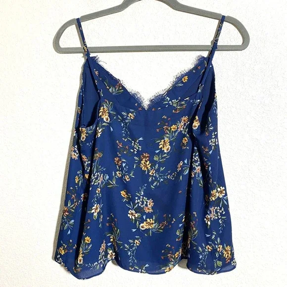 Socialite Womens Tank Top Size Large Floral Blue Lace Trim Lined - Picture 2 of 8